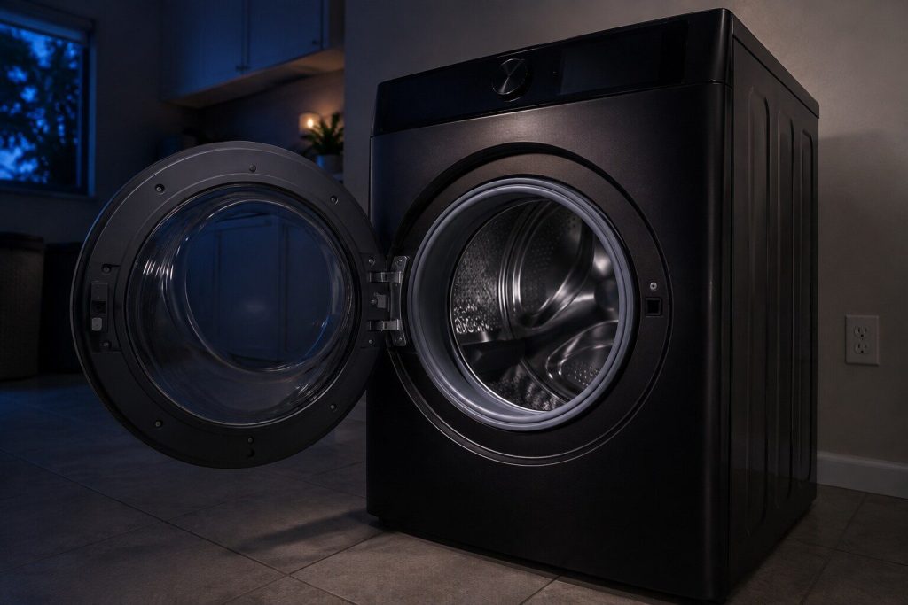 "A wide brushed black front load washer standing with its round door swung fully open on an empty stainless drum, the rubber boot gasket clean around the opening"