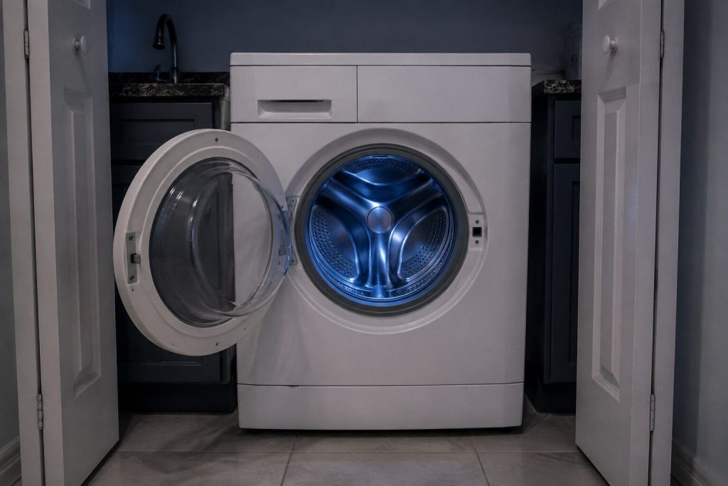 A white front-loading washing machine with its round door swung fully open on an empty stainless drum, the rubber boot gasket visible all round the opening and the detergent drawer closed above it.