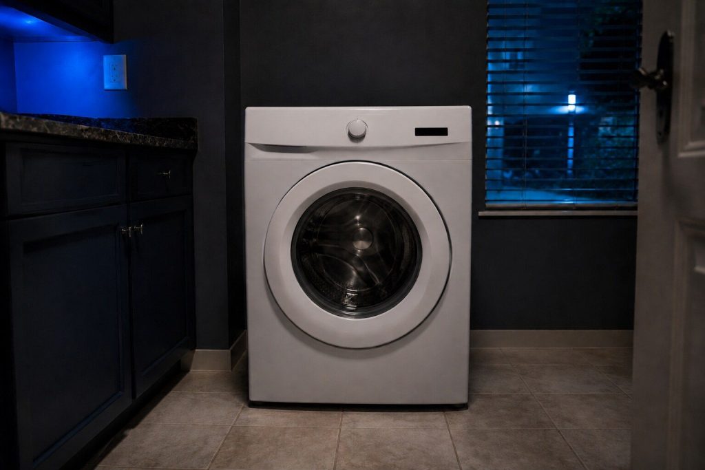 A full-size white front-loading washing machine standing directly on the floor of a laundry room with NO pedestal under it and nothing stacked on it, its large round glass door closed and a wide sloped control panel across the top of the front.
