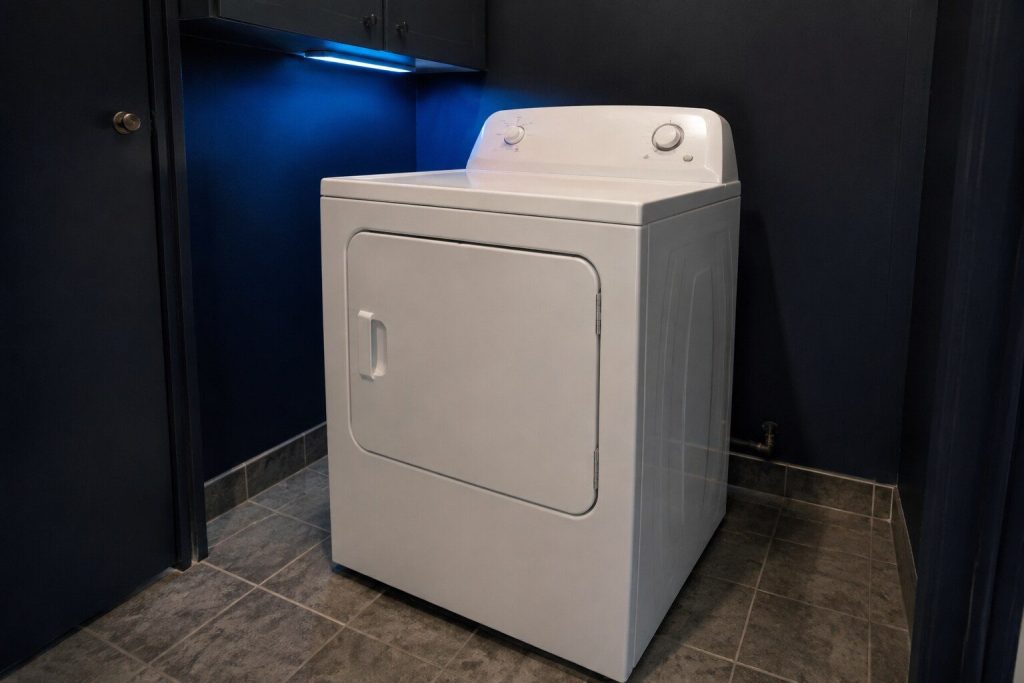 A white gas dryer standing alone in a laundry closet, door closed, seen three-quarter from the front so the whole cabinet and its wide flat top panel read, with the gas shut-off valve on its pipe just visible at floor level on the wall behind.
