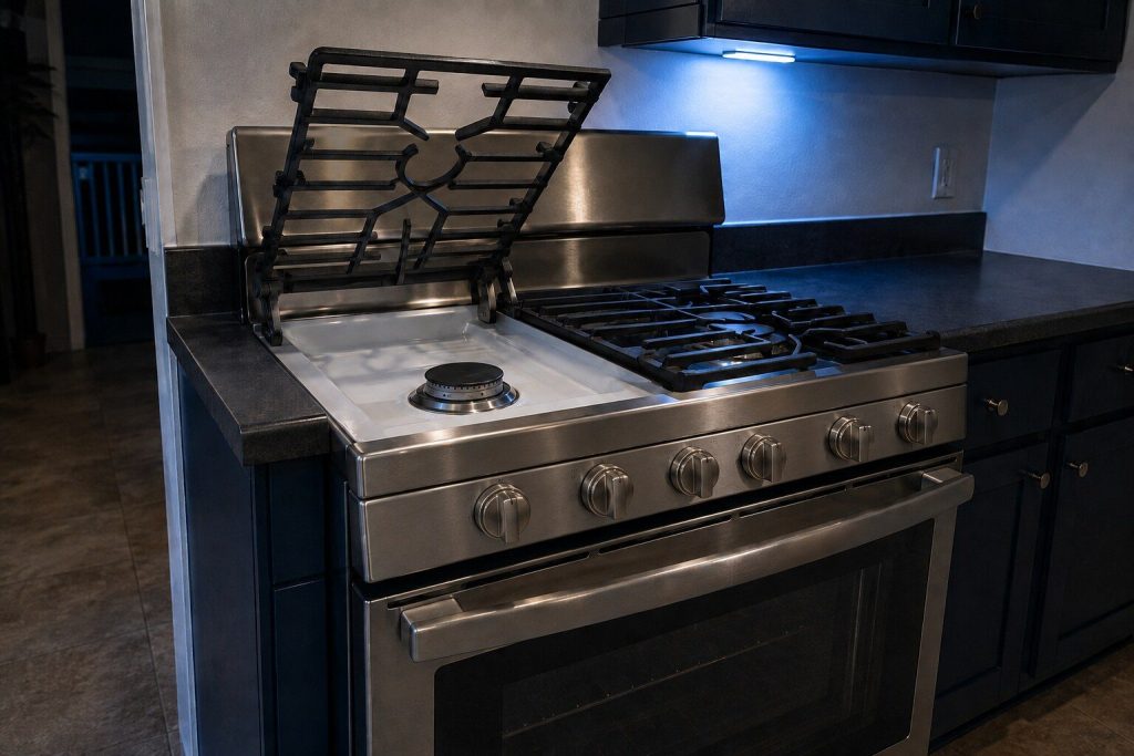 A stainless freestanding gas range with one heavy continuous cast iron grate hinged upward on its pivot to show the sealed burner and the porcelain top beneath it, the other grate lying flat in place and the oven door below closed.