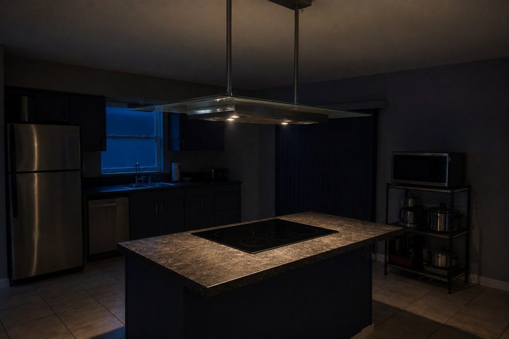 A wide flat glass and stainless range hood hanging on two slim struts from the ceiling directly over a kitchen island with a cooktop set into it, clear of every wall, the room dark around it and the hood's own lamps throwing a soft pool onto the island top.