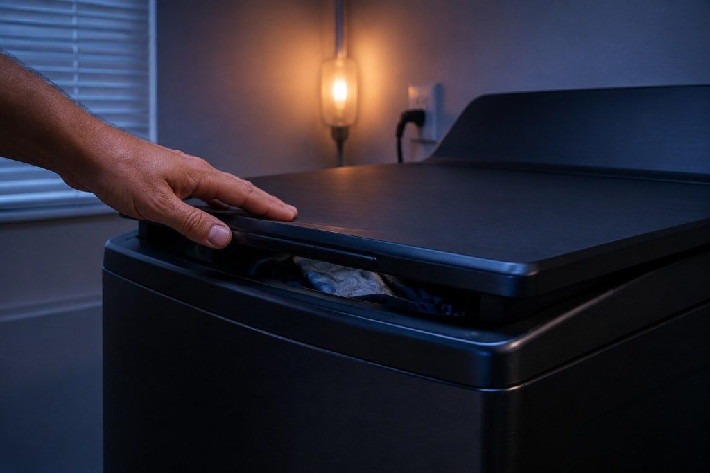 "A hand lowering the lid of a large black top load washer the last few inches onto its rim, the loaded tub just visible in the closing gap" — a top loader with the tub barely shown, which is all this record supports