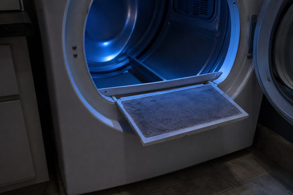 A rectangular mesh lint screen drawn half out of its slot in the lower rim of a dryer's door opening, a thin grey mat of lint lying across it, the empty drum behind.