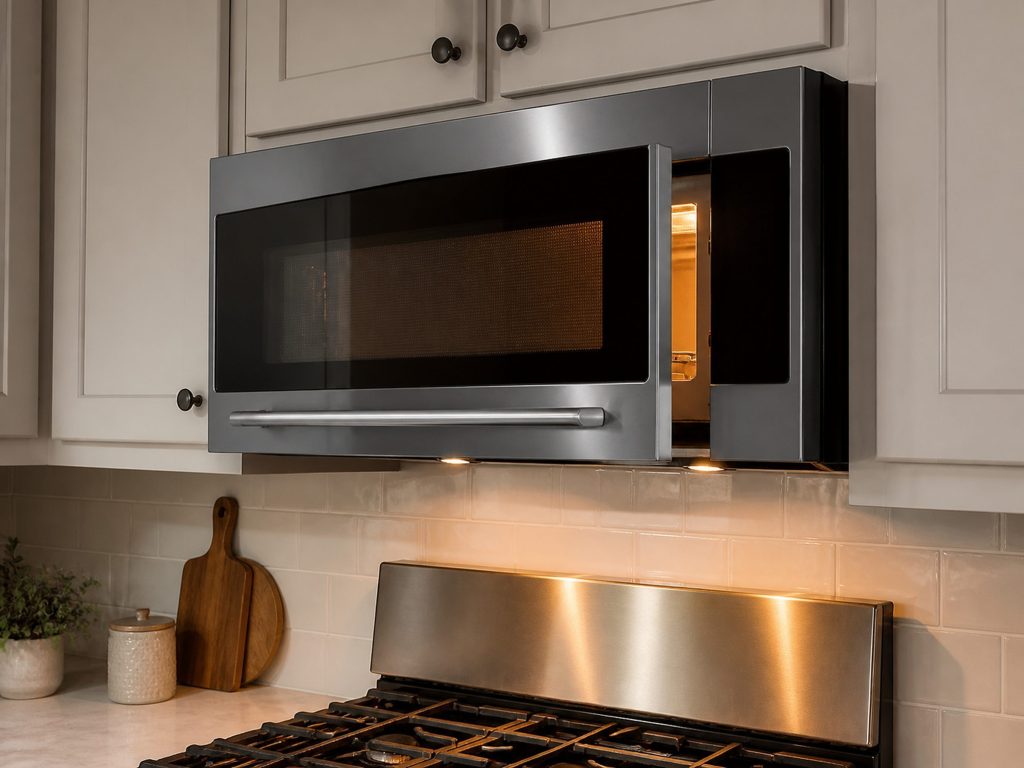 "an over-the-range microwave hood combination with a full-width bar handle, door ajar" — a 1.5 cu ft microwave-hood combination