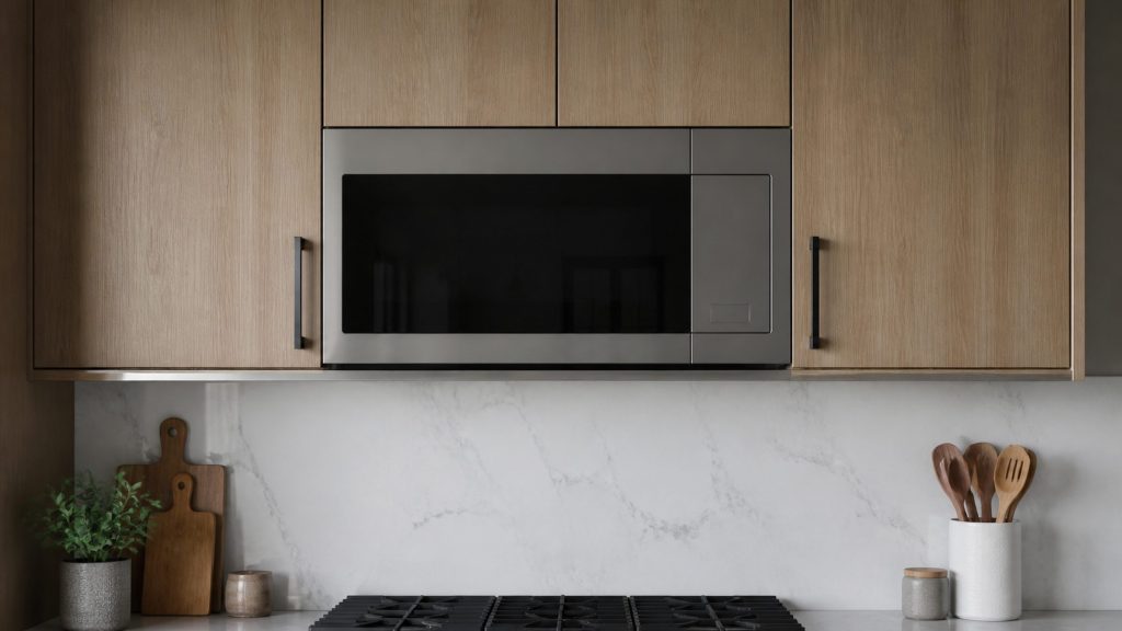 "an OVER-THE-RANGE microwave fitted flush with the wall cabinets" — a 1.6 cu ft microwave-hood combination