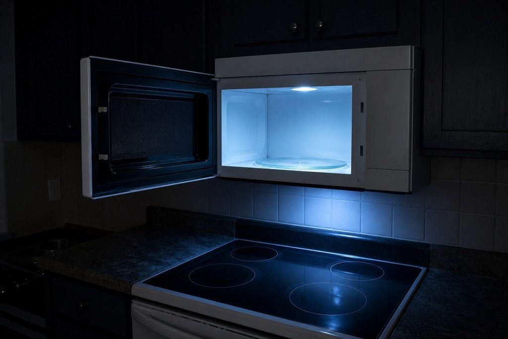 An over-the-range microwave with its door swung open on an empty glass turntable, the cavity lamp lit and throwing light down onto the cooktop below, the rest of the kitchen dark.