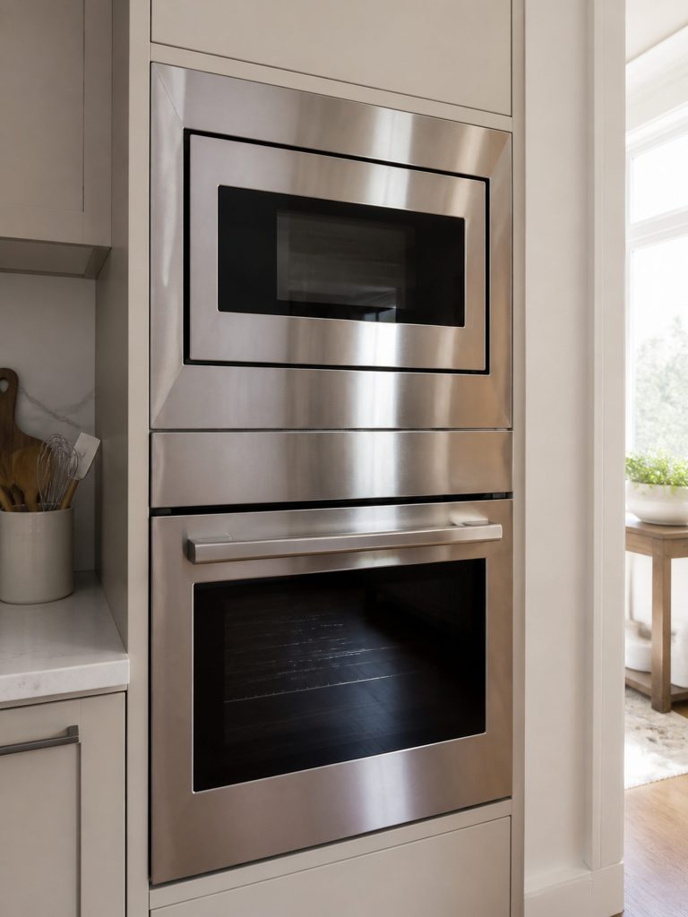 "a combination wall oven column: a microwave cavity above and a full oven below in one face" — a built-in microwave-oven combination, which is exactly this record
