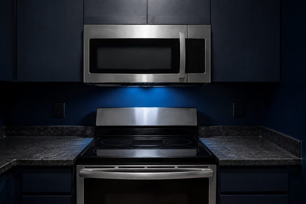 A stainless over-the-range microwave mounted under a wall cabinet directly above a freestanding range, its door closed and its display dark, the vent grille running along its bottom front edge and the cooktop below it empty.