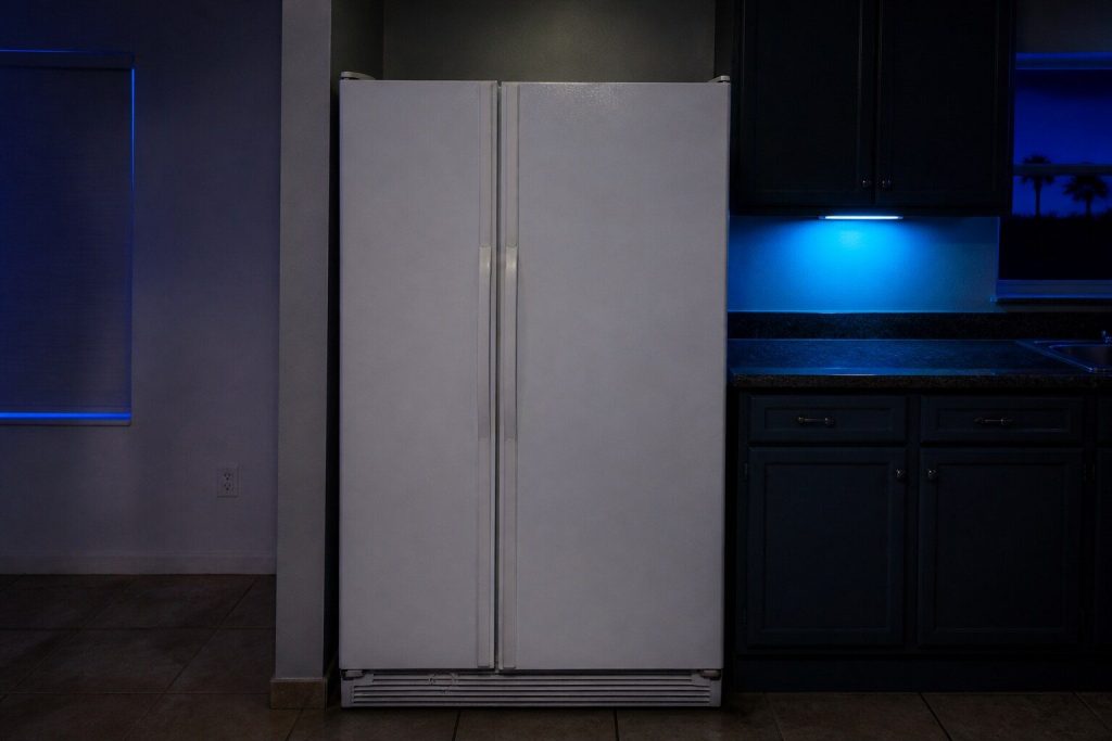 A white freestanding side-by-side refrigerator whose narrow left door is completely flat and unbroken, with NO dispenser recess of any kind in it, both doors closed, simple pocket handles molded into the door edges and a plain toe grille below.