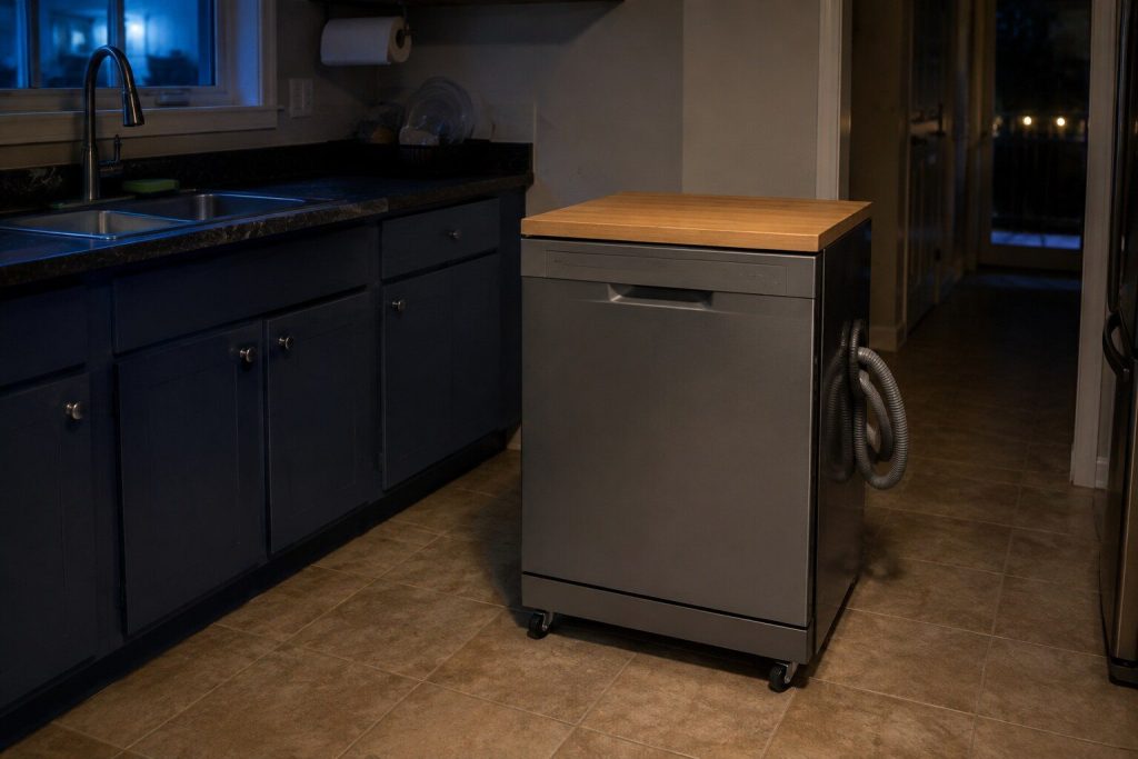 A freestanding portable dishwasher standing clear of all cabinetry on four castors in the middle of a kitchen floor beside a sink, a solid wood worktop lid across its top and a coiled faucet connector hose hanging from its back.