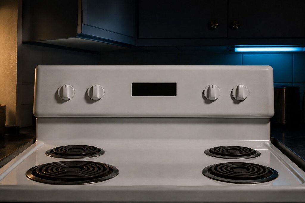 The back console of a freestanding electric range seen close and square on: a row of four unmarked control knobs, a small blank clock window in the middle of them and the porcelain top with its element rings running away below.