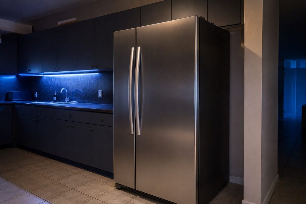 A stainless freestanding side-by-side refrigerator photographed from a three-quarter angle at the end of a run of dark laminate cabinets, both doors closed, the narrow freezer door on the left and the wider fresh food door on the right plainly different widths, a thin cool highlight running down each vertical handle.