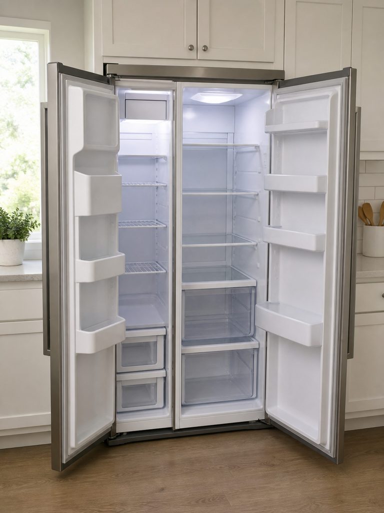"a counter-depth side-by-side with both tall doors open, narrow freezer shelves left and refrigerator right" — this record is a 33-inch side-by-side