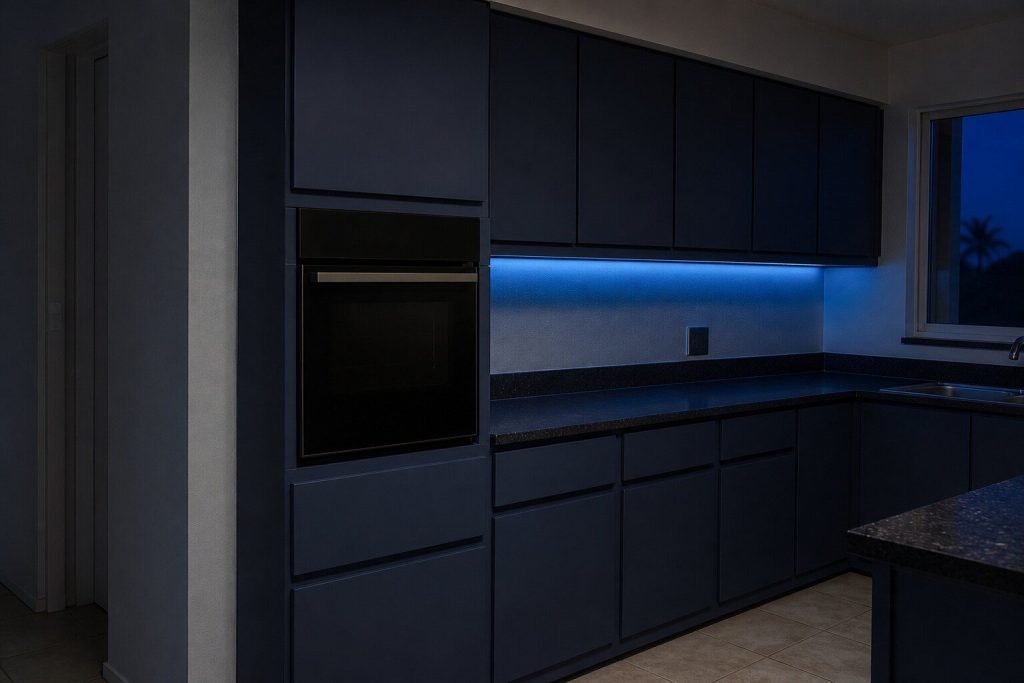 One whole kitchen wall seen from a step back at night: a single built-in electric wall oven set into a tall cabinet housing at chest height with a full-width bar handle across its closed black glass door, wall cabinets running away above it and a clear counter below.