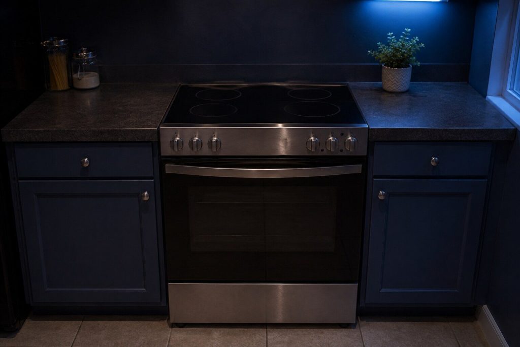 A slide-in electric range fitted flush between two runs of laminate counter with NO back console at all, its controls on the front fascia below a smooth ceramic top and the counter surface continuing level either side of it.
