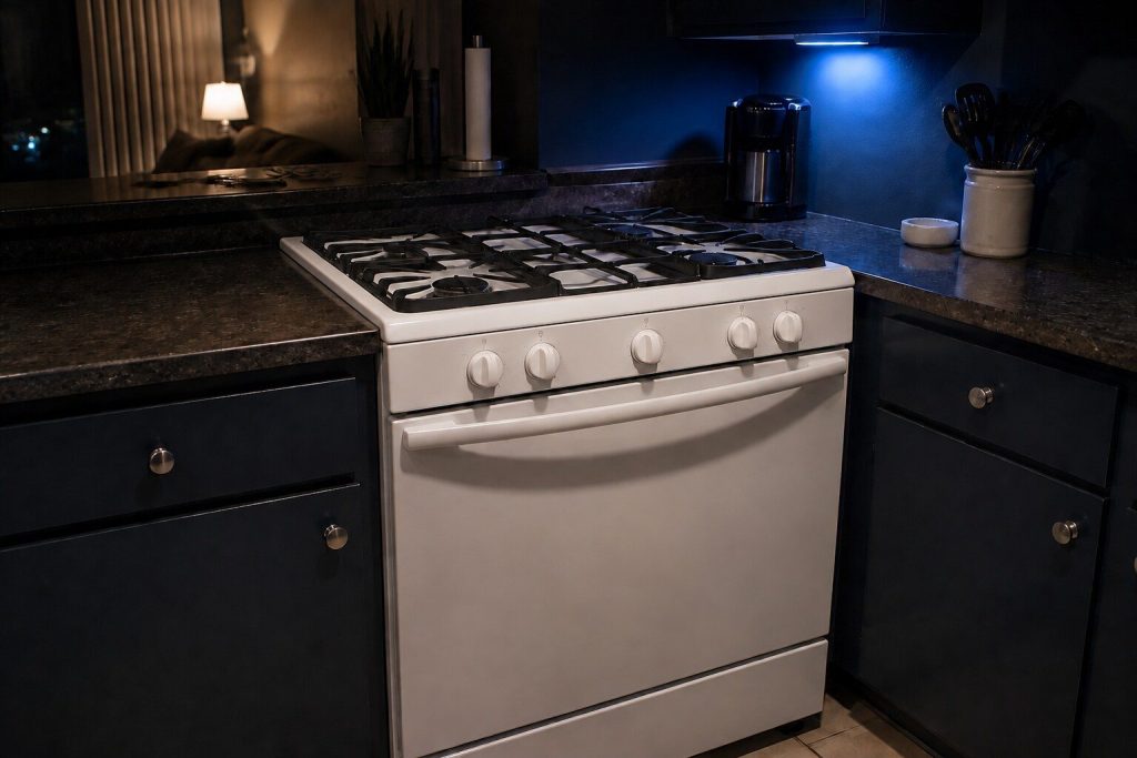 A slide-in gas range set flush between two counters with heavy black cast iron grates across a porcelain top, front-mounted knobs on the fascia below them and no back console behind.