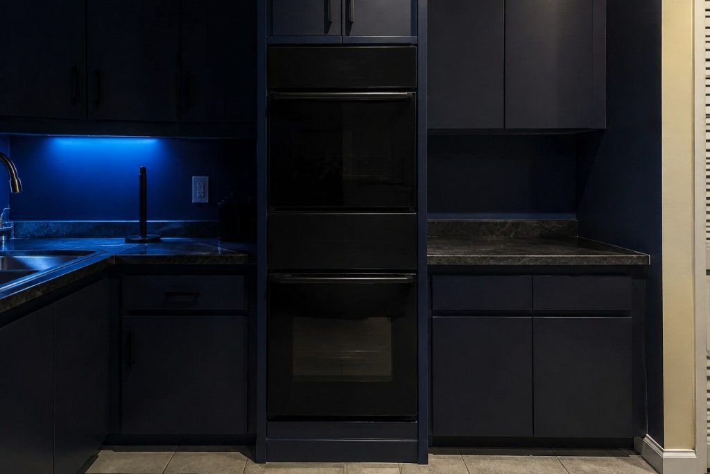 A narrow double built-in wall oven: two black glass doors stacked one above the other in a slim tall cabinet column, both closed, a blank control strip between them.