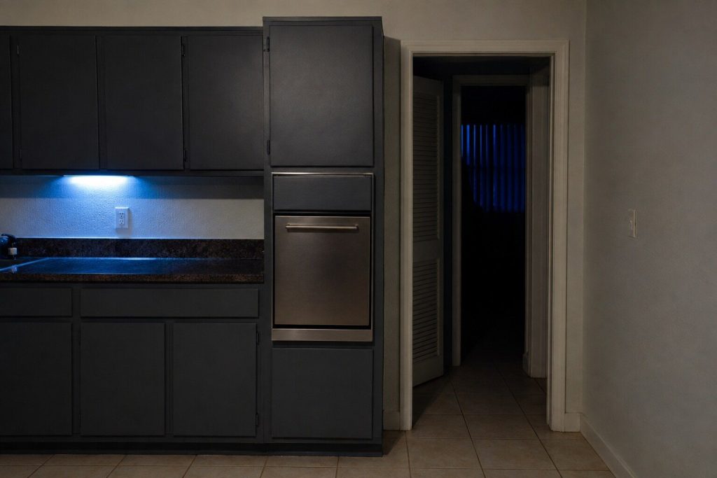 A small single built-in wall oven in a slim tall housing beside a doorway, its door plainly narrow — roughly as wide as it is tall — with a short bar handle and a small blank control strip above it.