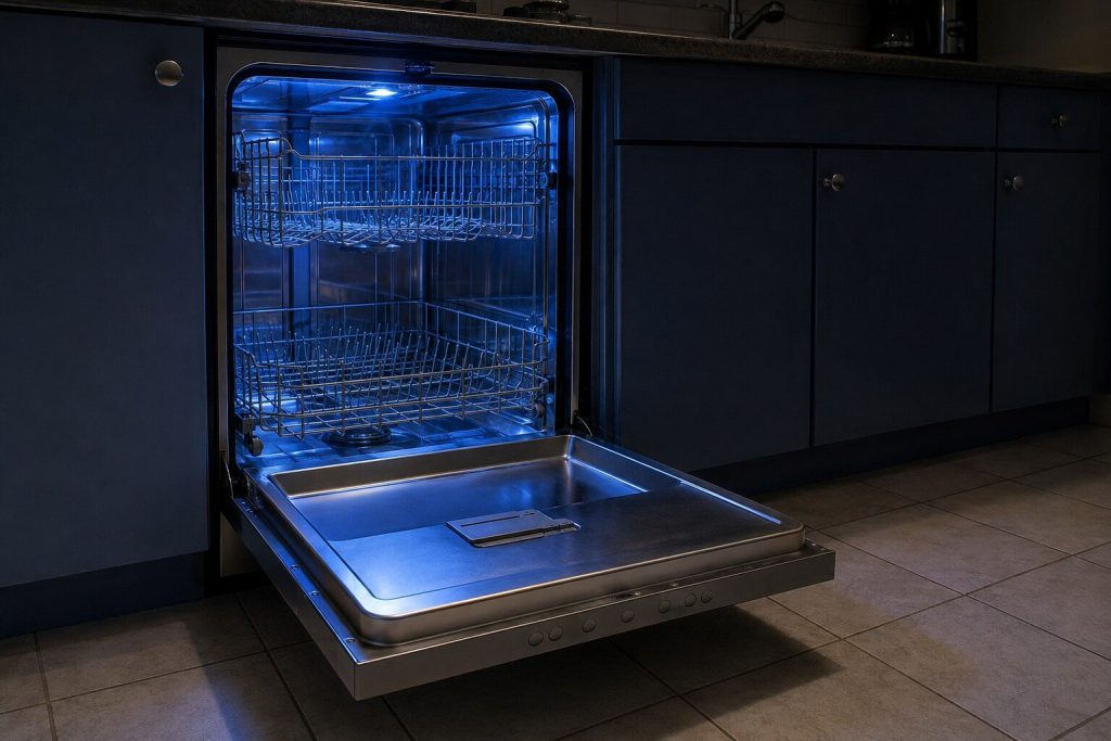 A built-in dishwasher door standing open to horizontal under a laminate counter, its tall stainless tub empty with both racks pushed in and a row of unmarked buttons across the top face of the door.