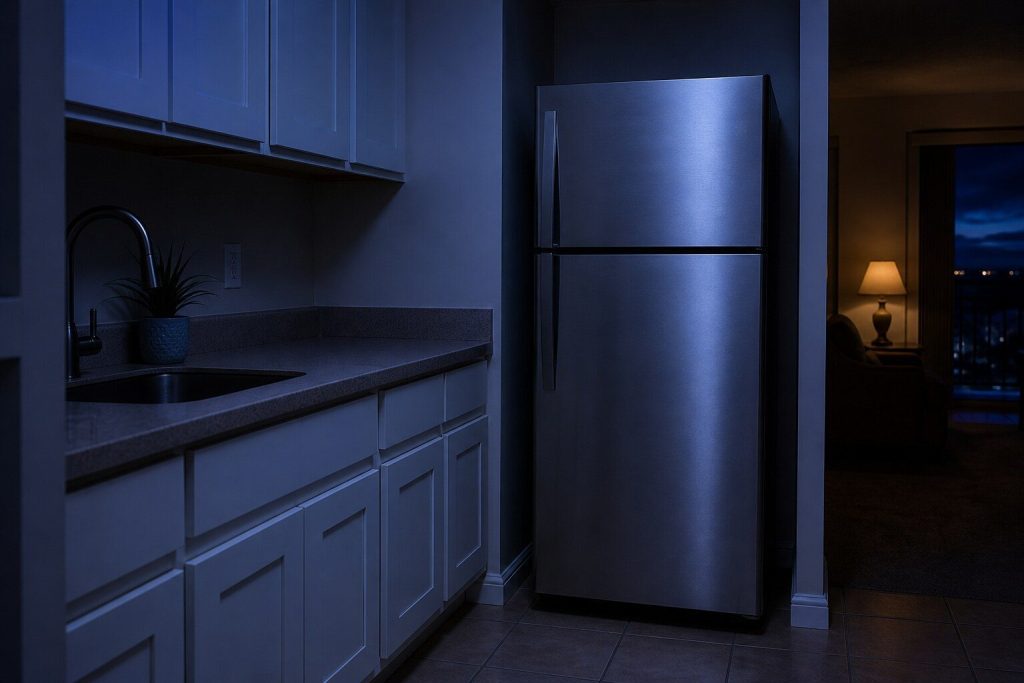 "A freestanding stainless top freezer refrigerator ... its narrow freezer door across the top third and the tall fresh food door below" — a 28-inch top freezer, which is this record