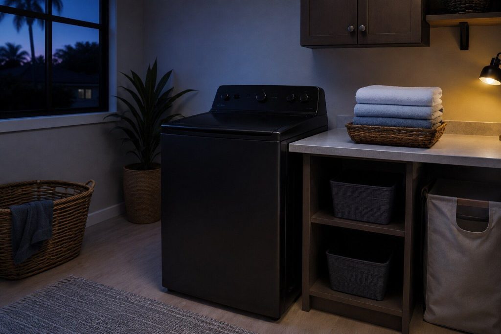 "A black top load washing machine standing closed beside a folding counter in a laundry room at dusk, its lid flat and its console sloping back" — closed, so it claims nothing about agitator or impeller that this record does not state