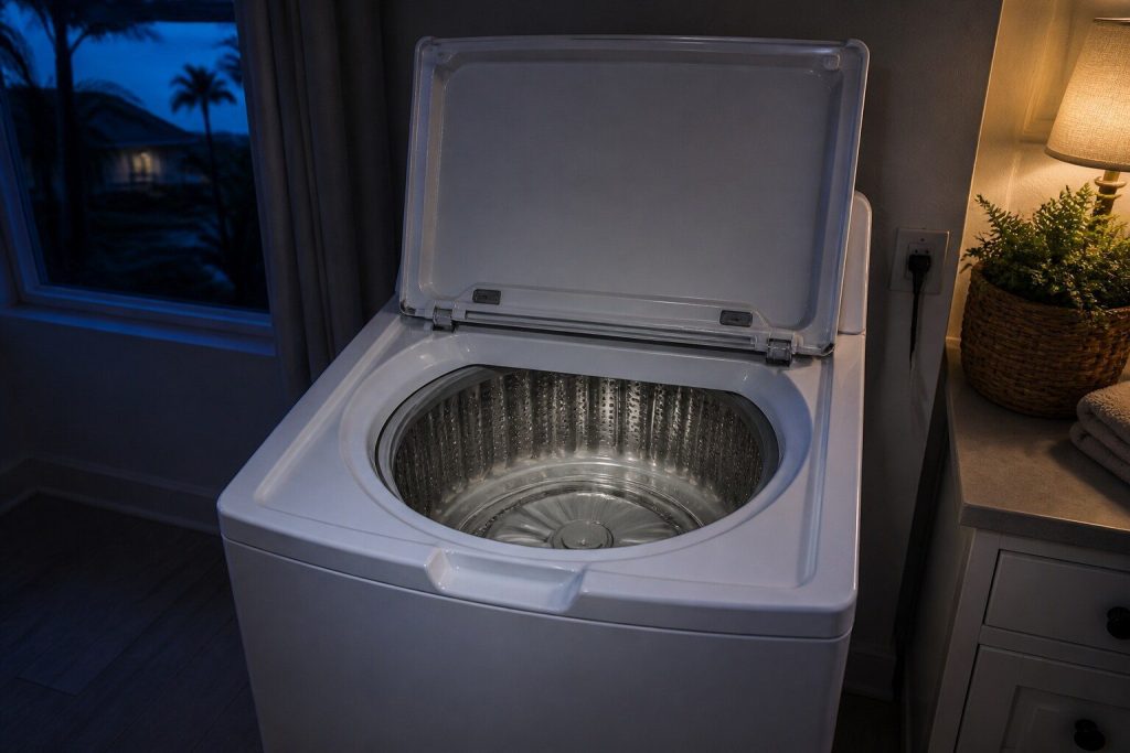 "A white top load washing machine seen from just above the front with its lid standing fully open on an empty stainless tub" — top load leads this page's own caption and is 157 of the 336 washer pages in this make's base