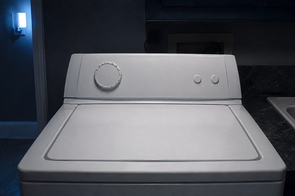 The back console of a white top-load washing machine seen close and square on: one large round cycle selector dial with an unmarked ring of detents, two small push buttons beside it and a blank sloped panel above the closed lid.