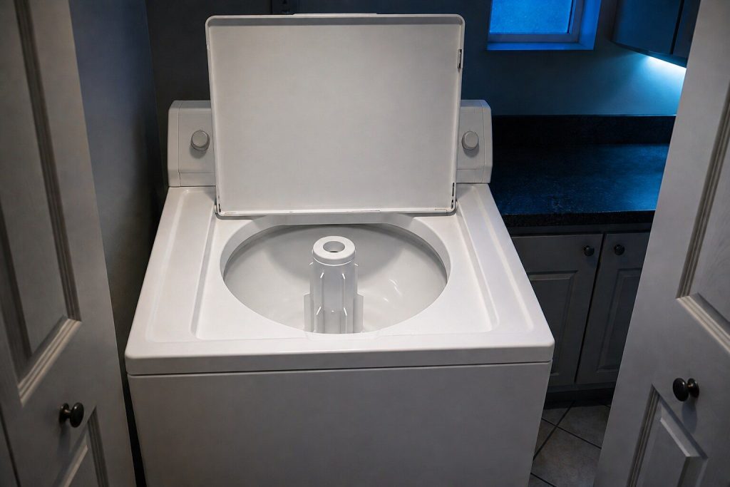 A white top-load washing machine with its lid standing fully open on a deep empty porcelain tub carrying a TALL FINNED CENTER AGITATOR POST rising from the middle of it — a column, not a flat impeller plate.
