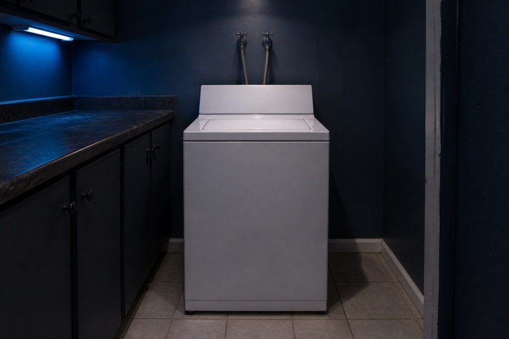 A white top-load washing machine standing alone against the wall of a laundry closet, lid closed and its back console rising behind it, the two braided supply hoses running up to the taps on the wall behind.