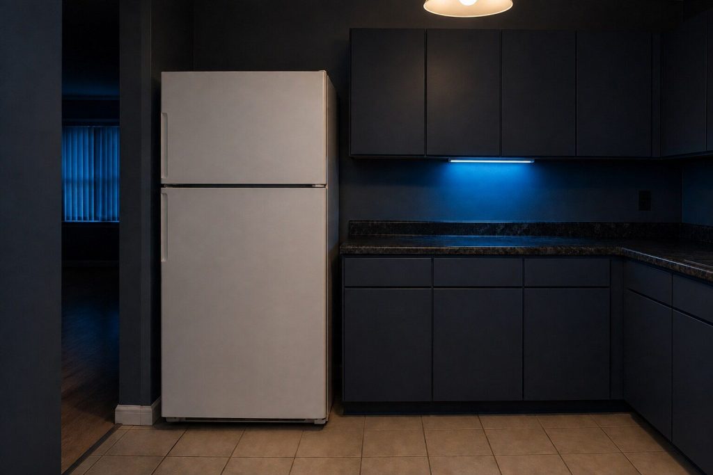 A white top-mount refrigerator — a short freezer door above, a taller fresh food door below — standing against the wall of a plain rental kitchen with a stretch of empty laminate counter beside it.