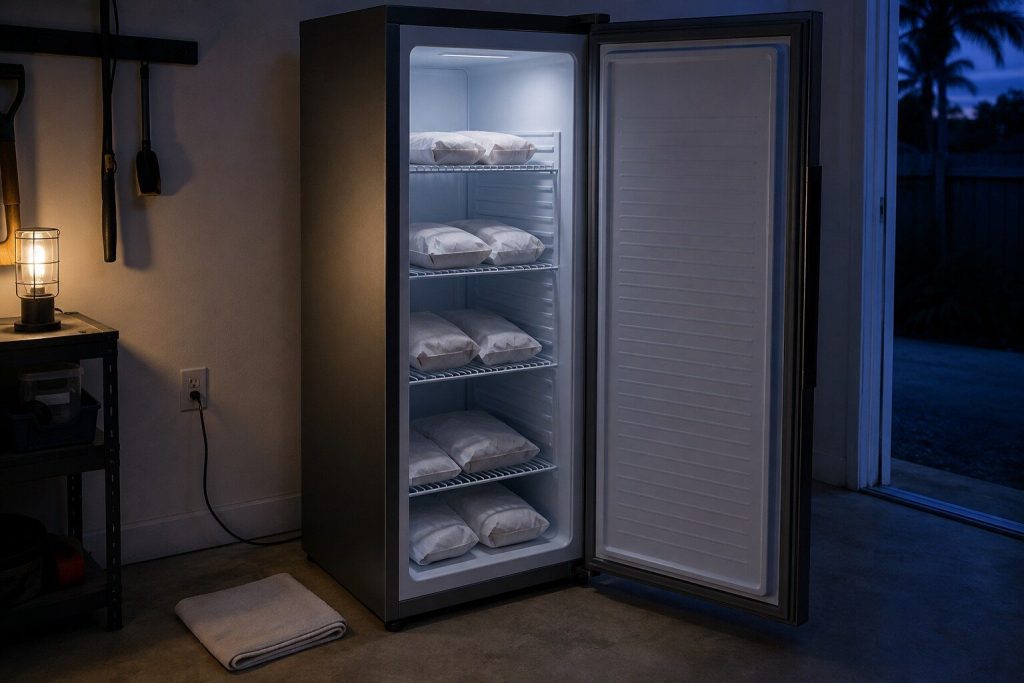 "A tall narrow freestanding upright freezer in a stainless finish standing open in a utility room, four wire shelves of wrapped packets inside" — a 15.2 cu ft upright