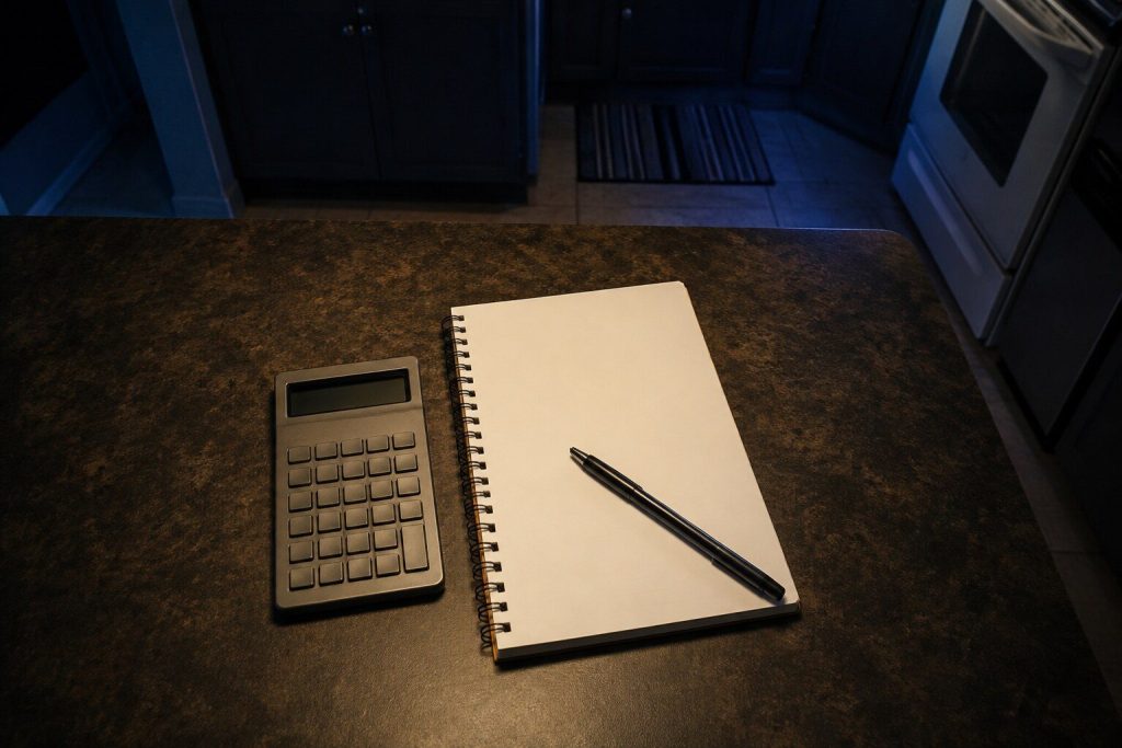 A calculator and a spiral notepad lying on a dark counter with a pen across the pad, nothing written on it.