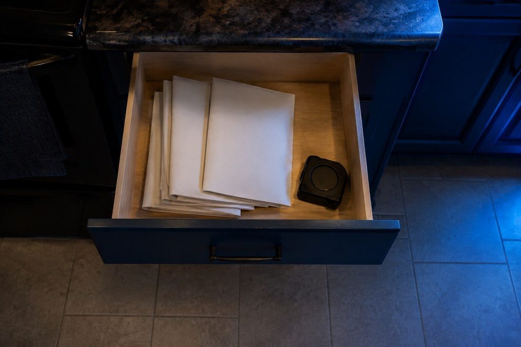 A kitchen drawer pulled open on a stack of plain folded paper booklets and a tape measure, every cover blank.