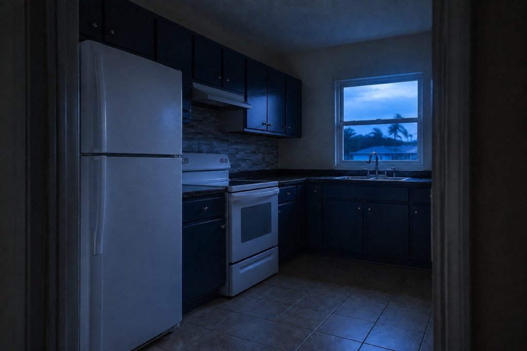An ordinary kitchen at dusk seen from the doorway, counters clear and cabinets closed, deep blue light coming through the window and no lamp on.