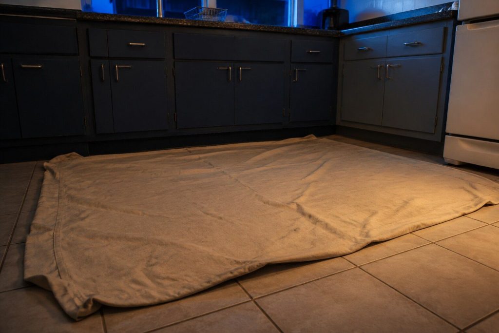 A canvas dust sheet spread open on a tile floor in front of a run of kitchen cabinets at night, the edges folded back and nothing standing on it.