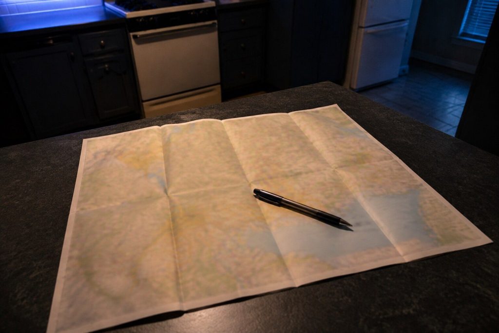 A folded paper map lying open on a dark counter with a pen resting across it, the print too soft to read.