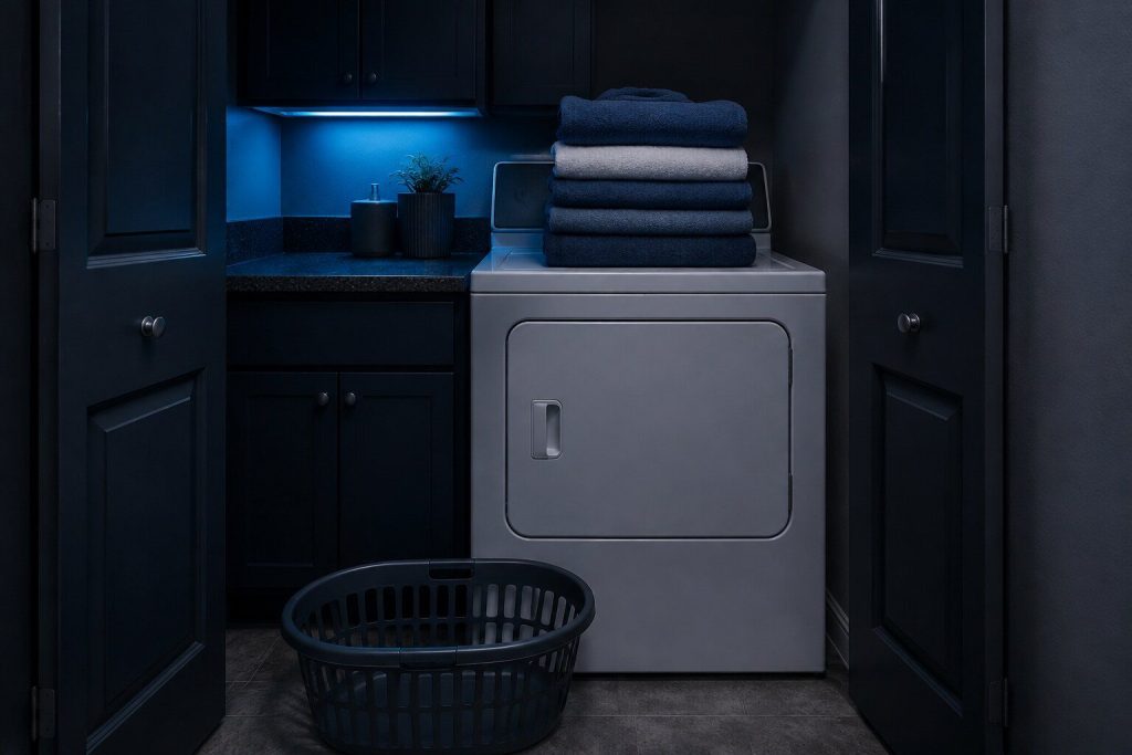 A neat stack of folded towels standing on the flat top panel of a closed dryer with an empty plastic laundry basket on the floor below.