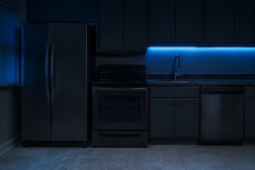 A run of four closed machine doors along one dark wall of a kitchen at night, all flush, all unlit, seen square on from a little way back.