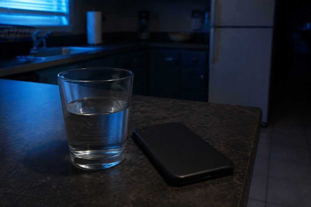 A glass of water and a phone lying face down beside it on a dark counter in the evening, one cool light across the corner of the frame.