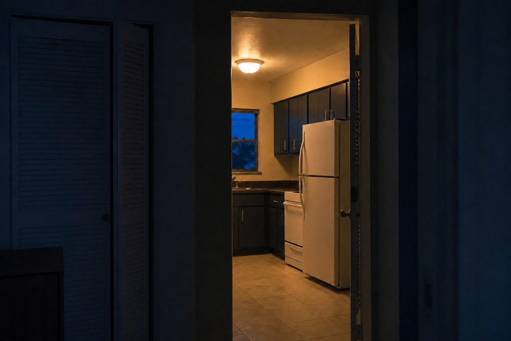 A dark hallway looking through an open doorway into a kitchen beyond it, the near room in shadow and the far one warm and lit.