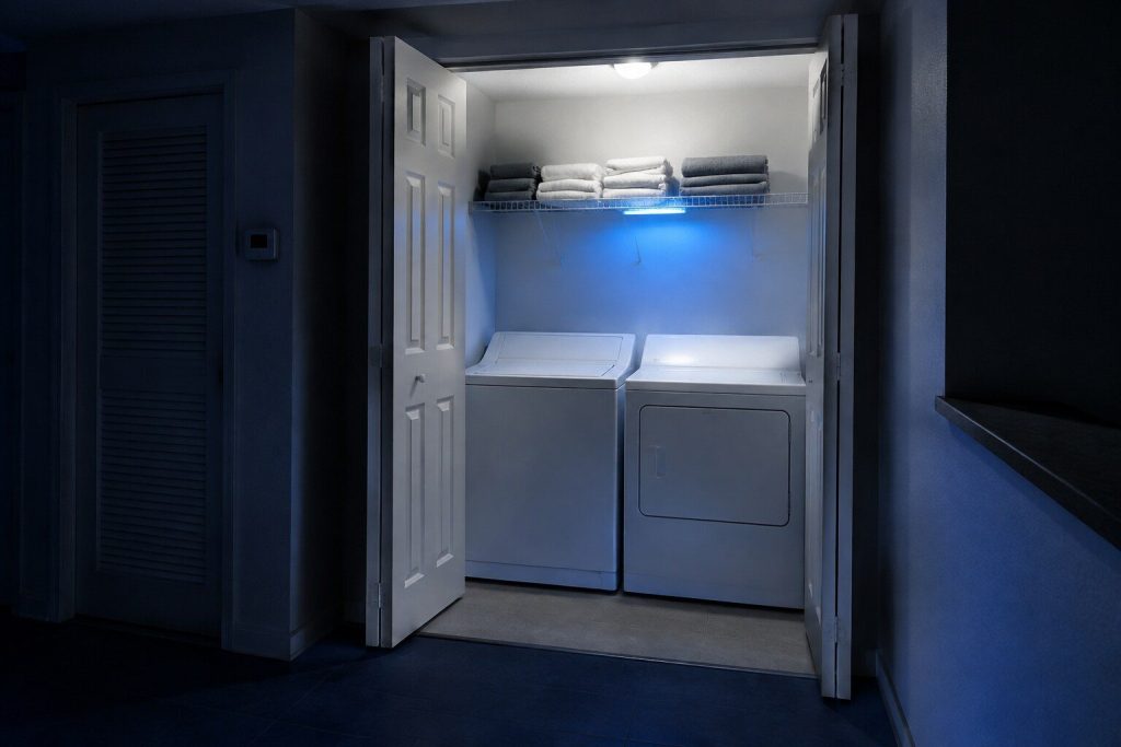 A condominium laundry closet at night with its bifold doors folded open on a white top-load washing machine and a white dryer standing side by side, both closed, a wire shelf of folded towels above them.