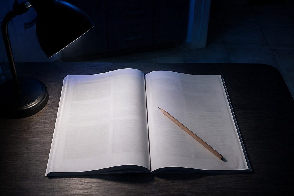 An open paper manual lying flat under a desk lamp in an otherwise dark room, the printed page soft enough that nothing can be read, a pencil resting across it.