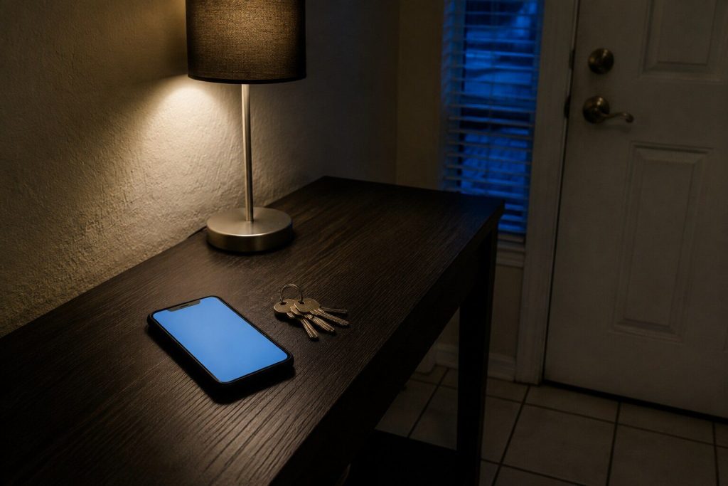 A phone and a set of house keys lying on a narrow console table by a front door in the evening, one lamp above them.