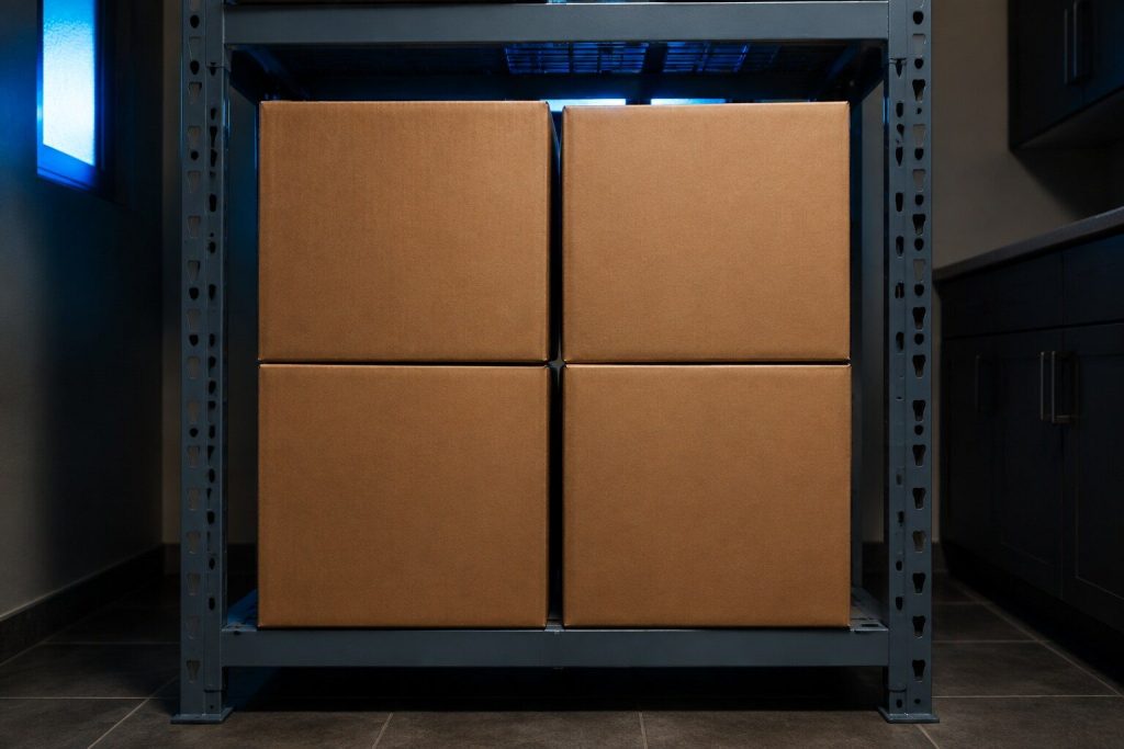 Four plain unmarked cardboard boxes stacked on a steel shelf in a dim store room, no labels of any kind on them.