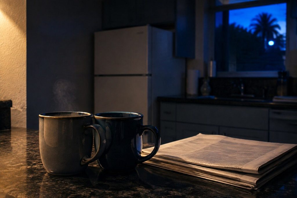 Two mugs standing on a dark stone counter in a dim kitchen, one of them steaming faintly, a folded newspaper beside them with nothing legible on it.
