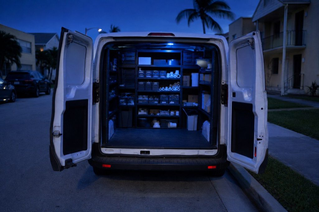 The open rear doors of a plain white service van at dusk with shelved parts inside, parked at the curb on a residential street.