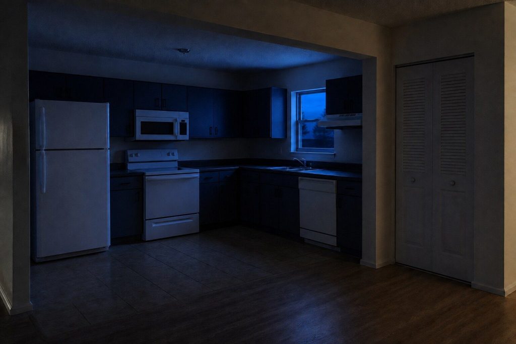 The L-shaped corner of an ordinary fitted kitchen at night seen from the far side of an open-plan room: a freestanding refrigerator, a freestanding range, an over-the-range microwave, an under-cabinet hood and a built-in dishwasher all present in one shot, all closed and unlit.