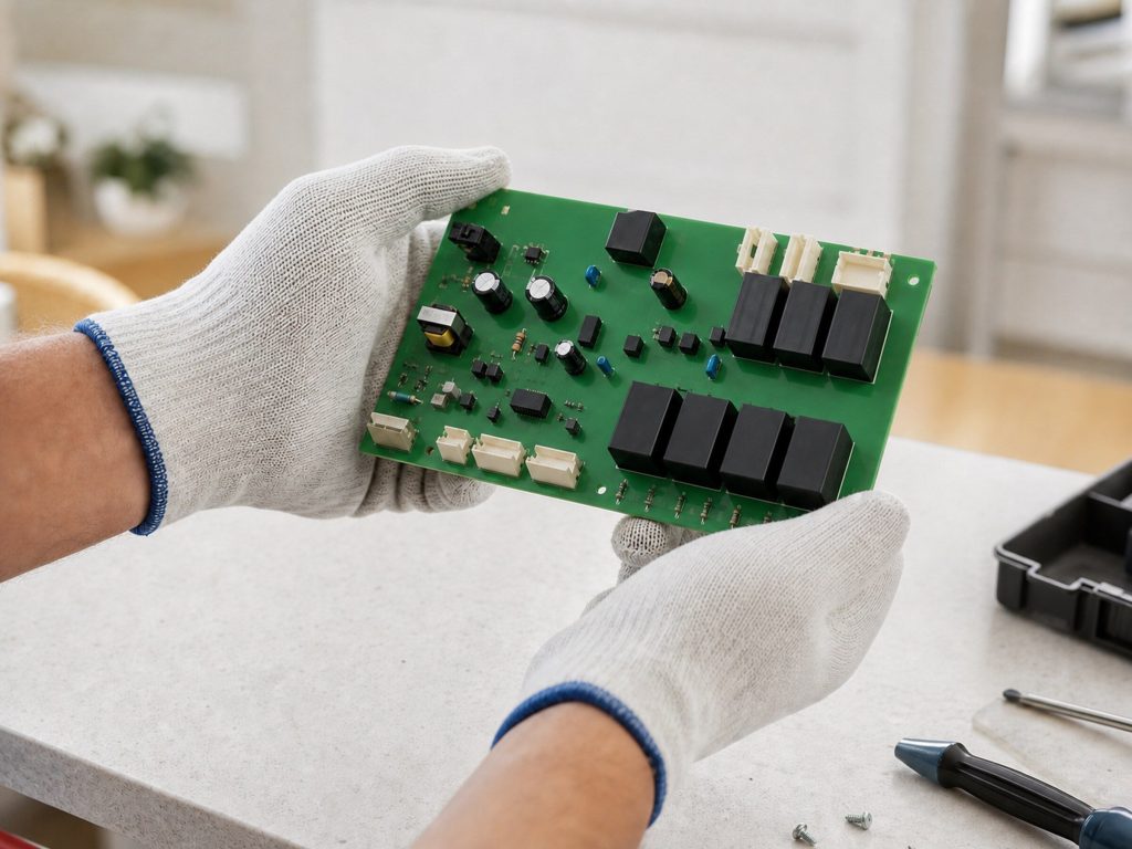 "An appliance control board held in two gloved hands over a workbench, its plain green surface and relays visible, no markings legible" — the board this make reports from. A bright library, but the frame is two hands and a board filling it, with no room in shot