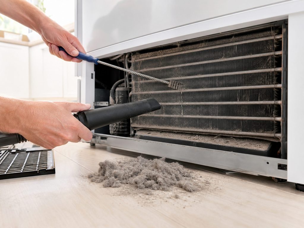 "A vacuum nozzle and a coil brush at a dusty condenser coil behind a removed refrigerator base grille, a grey pile of dust on the floor" — the BASE GRILLE is how this make's coil is reached, and this make publishes a cleaning-the-condenser page for its top freezers. The frame is the dark gap behind the grille, so the donor's daylight palette never enters it
